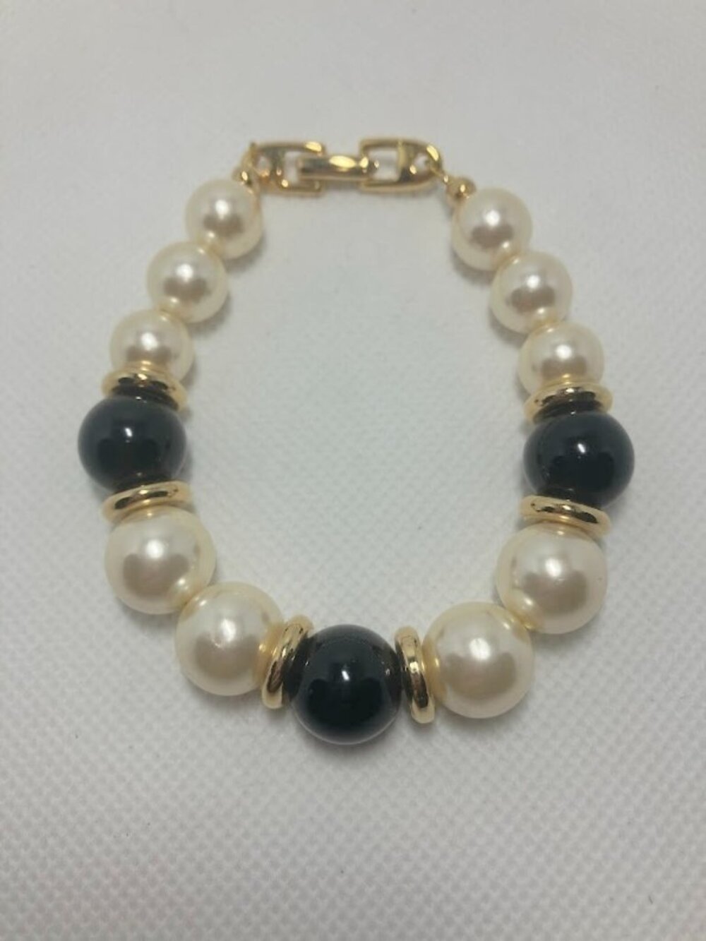 Napier Vintage Faux Pearl Black‎ Bead Bracelet Gold Tone 80s Chunky Statement